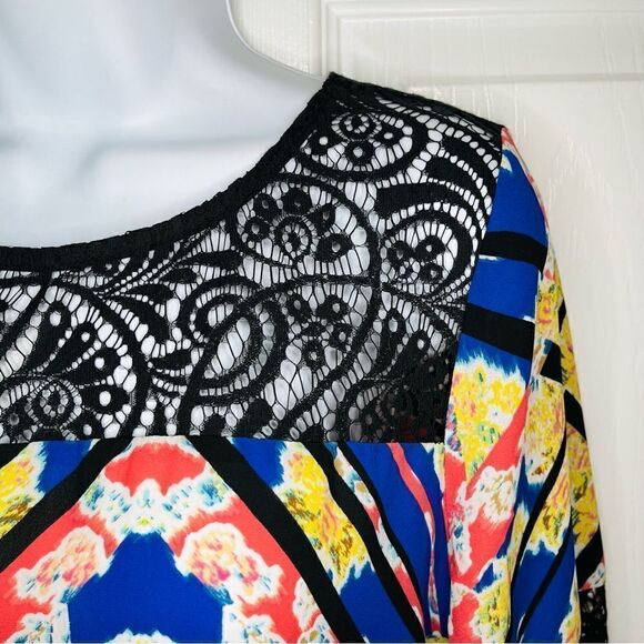 Socialite Watercolor Floral Geometric Black Lace Yoke Mini Dress Royal Blue S - Picture 4 of 11
